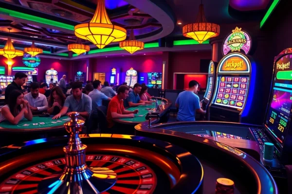 Experience the thrill of live poker tables at bj66 Casino with players winning big under neon lights.