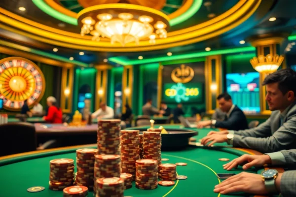 Exciting casino scene featuring players at tables, showcasing gd365 moments of high-stakes gambling.